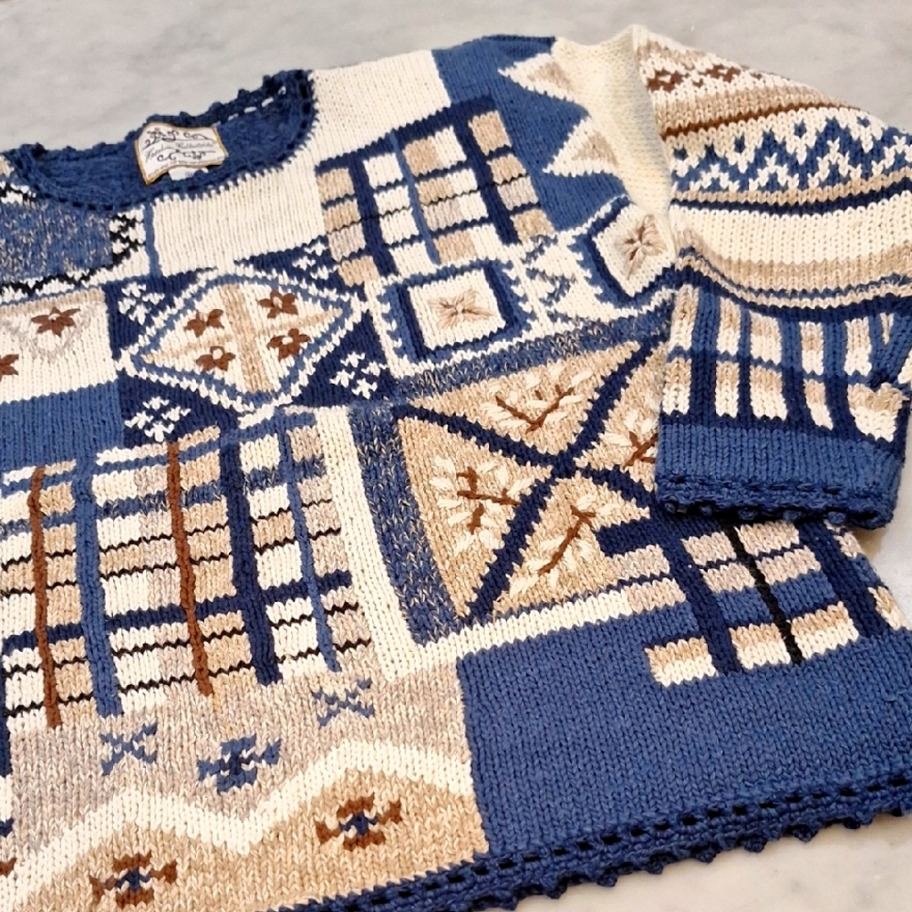 Vintage Heirloom Collectibles Sz M-L Blue Cream Grandma Cottage Chunky Sweater